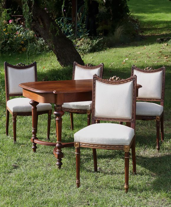 Francuski stół i 4 krzesła len naturalny komplet XIXw